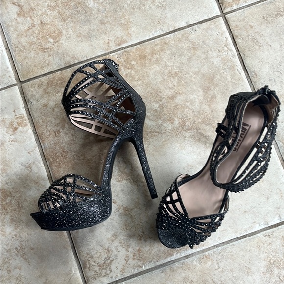Mix No-6 Black Platform Heels with Art Deco Strappy Metallic Butterfly Design